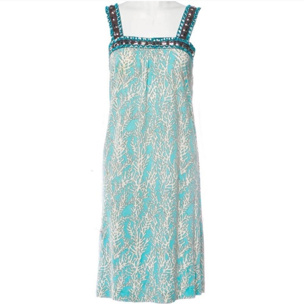 Tory Burch 100% Silk Crystal Turquoise Coral Print Mid-Length Dress/ M